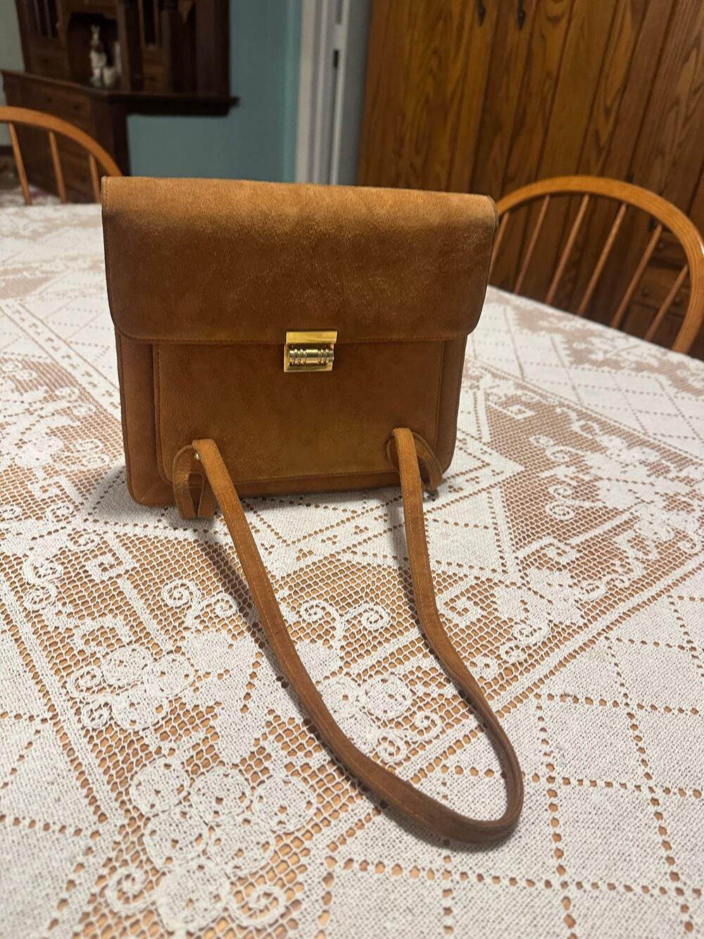 70s Brown Suede Accordion Shoulder Bag Gold Barrel Lock Multi Compartment